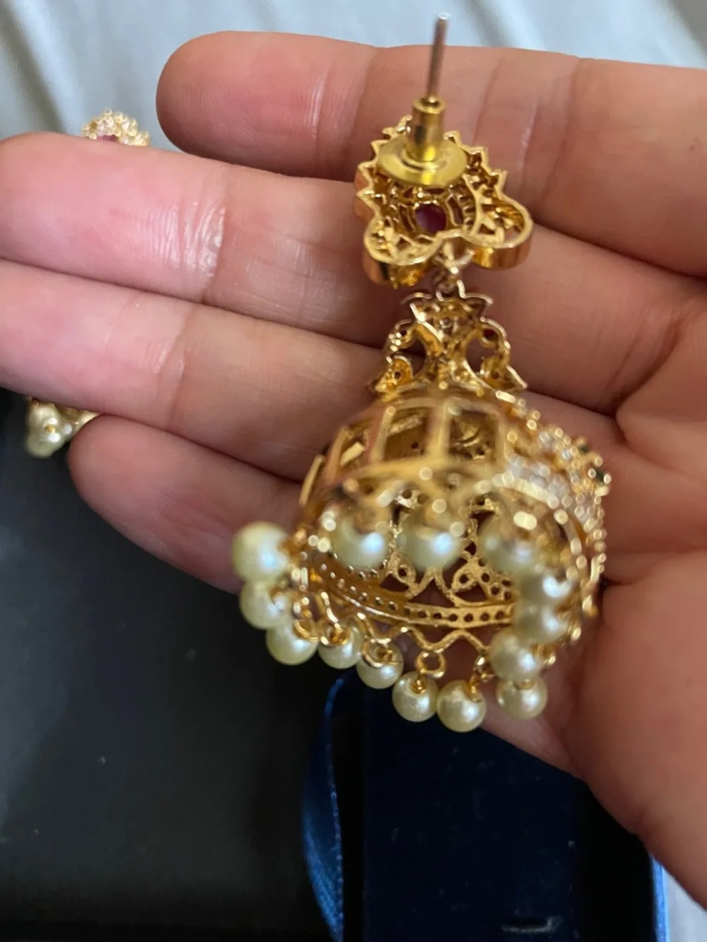 Gold-Tone Pink Stone Jhumka Earrings with Pearl Drops
